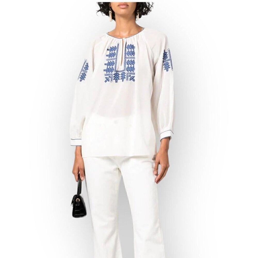 Nili Lotan Ivory Blouse with Navy Embroidery